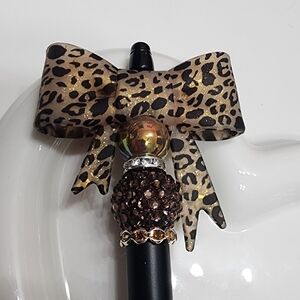 Beaded Pen Cheetah Print Bow Rhinestone Black Gold Gift Accessory